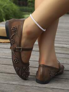 Bailarinas Mary Jane de malla color burdeos vintage, zapatos de ballet bordados con cuentas y hebilla ajustable, elegantes y transpirables para mujer, zapatos de vestir y casuales - Marrón - Ver 6