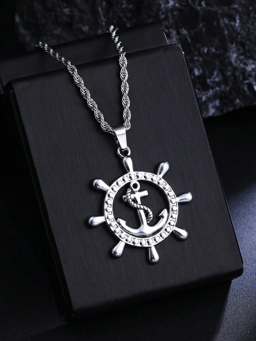 1pc 2026 New Stainless Steel Jewelry, Men's Necklace, Titanium Steel Hip Hop Punk Anchor Pendant Stainless Steel Sweatshirt Chain Hoodie Chain Cross-Border Vintage Personalized Men's Gift Wholesale Men's Daily Wear - Antique Silver - View 1