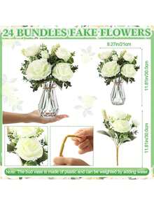 JZGZR 37 Pack Flowers With Vase Bulk 24 Bundles Artificial Peony Bouquet 12 Plastic Vase With 1 Pcs Rope Home Office Farmhouse Centerpiece Table Decor (White) - White - View 3