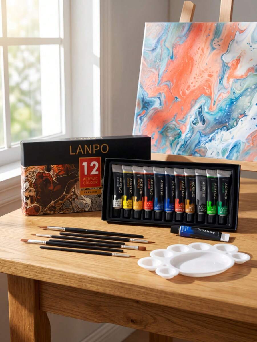 LANPO 12-Color Fluid Acrylic Paint Full Set Painting Kit With Brushes + Palette, Create Fluid Texture Art - 12 Colors 12ml - View 1