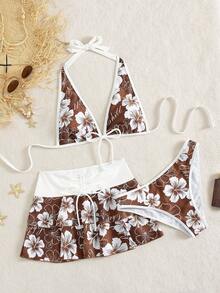 Conjunto de bikini de 3 piezas con estampado floral estilo vacaciones para mujer, con falda mini de capas - Multicolor - Ver 2