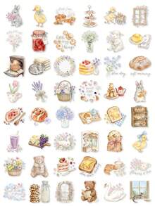 POKOJA LAND 50/100pcs Watercolor Warm Morning PET Stickers, Transparent Warm Color Breakfast Floral Animal Stickers, Rabbit Bear Duck Cat Bread Jam Flower Window Decal Set, Suitable For Planner, Phone Case, Laptop, Scrapbook Aesthetic Decoration - Multicolor - View 9