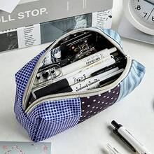 1pc Pudding Three-Color Large Capacity Pencil Case, Ins Style Patchwork Polka Dot Korean Student Canvas Storage Bag, Portable Polka Dot Plaid Organizer - Color Matching - View 5