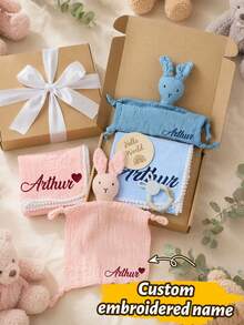 Set Kain Nyaman Motif Kelinci Warna Macaron Lembut Kustom, Kotak Hadiah Selimut Kelinci Bordir Nama yang Dipersonalisasi, Hadiah Keluarga Kustom, Dapat Disesuaikan - Gaya B - View 1