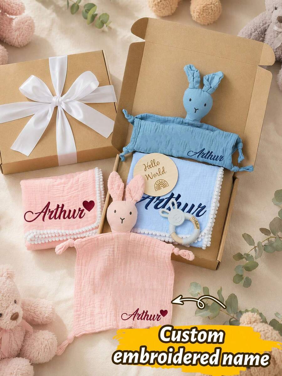 Set Kain Nyaman Motif Kelinci Warna Macaron Lembut Kustom, Kotak Hadiah Selimut Kelinci Bordir Nama yang Dipersonalisasi, Hadiah Keluarga Kustom, Dapat Disesuaikan - Gaya B - View 1