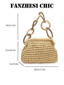 Hollow Crochet Straw Shoulder Bag Two-Tone Woven Ring Chain Handle Kisslock Frame Summer Beach Bag Suitable For Beach Activities - Beige - View 4