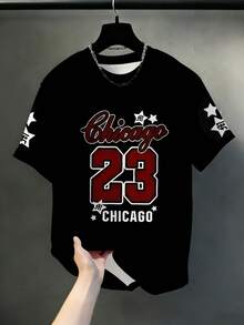 2pcs Plus Size Men's American Vintage CHICAGO23 Star & Letter Print Short Sleeve Crew Neck T-Shirt And Matching Drawstring Cuffed Sweatpants Summer - Black - View 3