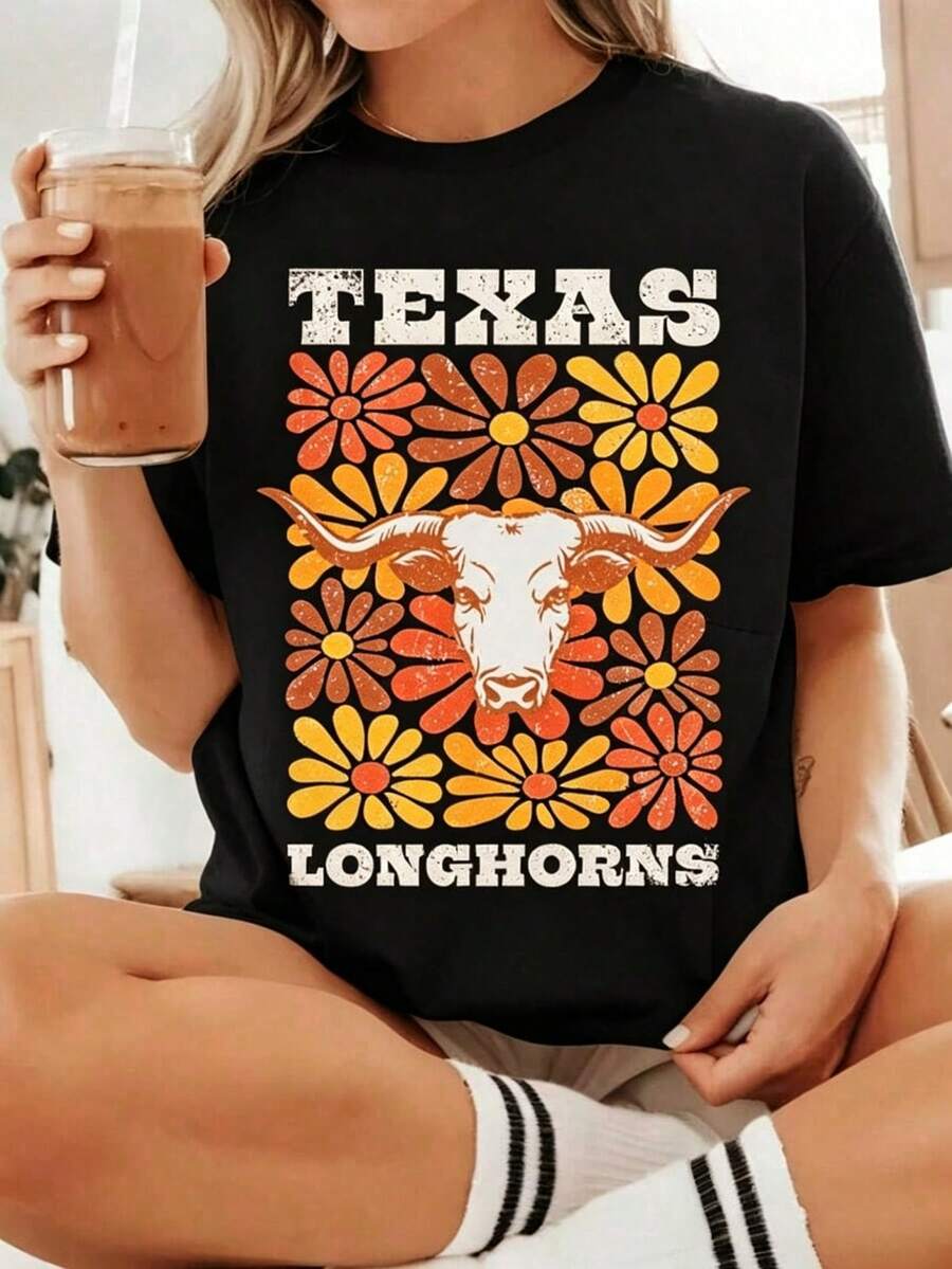 Texas Longhorns College Floral T-Shirt,UT Longhorn Tee,College Game Day Shirt,Austin Texas College Chirt,Hook Em Horns Gift Comfortable,Loose-Fitting - 黑色 - 查看 1