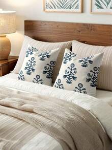 1 pieza Funda de almohada decorativa floral neutra vintage, estilo bohemio de granja con teñido en bloques, adecuada para decoración de hogar moderno de campo, sofá cama sala de estar, funda de almohada blanca y azul, decoración de dormitorio de residencia estudiantil - Azul y blanco - Ver 2