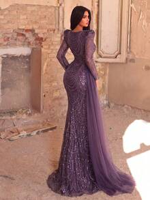 Faeriesty Elegant Sequin Long Sleeve Evening Gown With Flowing Train, Luxurious Fitted Sheer Sleeve Design Wedding Party Fall - Purple - View 2
