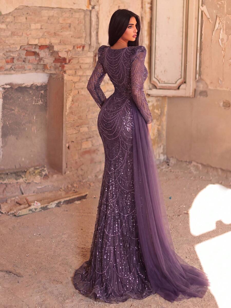 Faeriesty Elegant Sequin Long Sleeve Evening Gown With Flowing Train, Luxurious Fitted Sheer Sleeve Design Wedding Party Fall - Purple - View 1