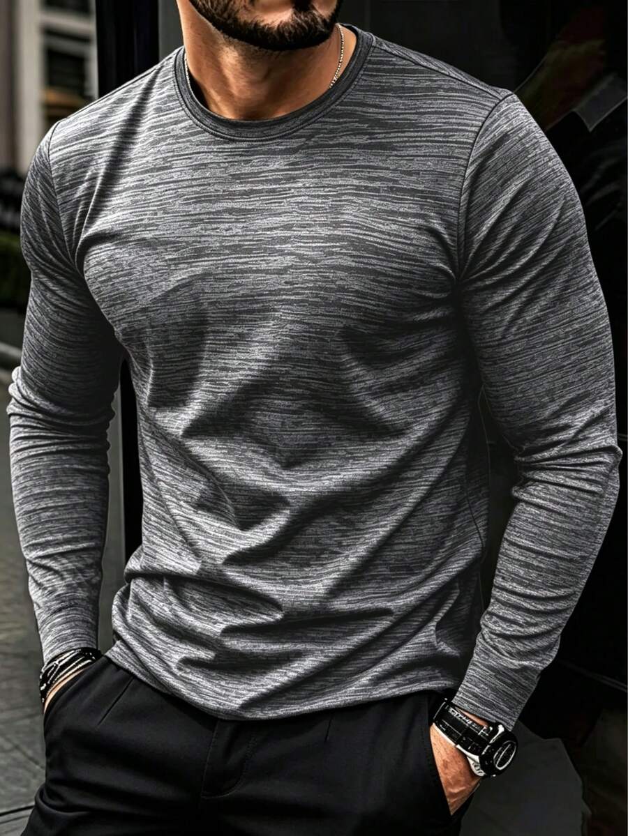 Men's Crew Neck Long Sleeve T-Shirt, Mixed Color Texture, Suitable For Outdoor Running And Commuting - Light Grey - View 1