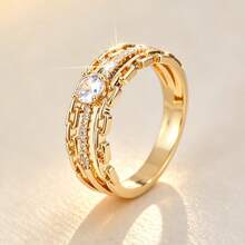 1 pieza Anillo de mujer con diseño de doble círculo estilo cadena, incrustado con circonita cúbica, exquisito - Multicolor - Ver 1