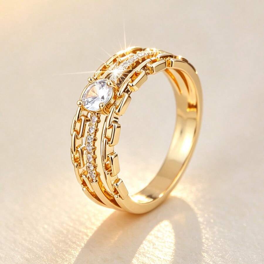 1 pieza Anillo de mujer con diseño de doble círculo estilo cadena, incrustado con circonita cúbica, exquisito - Multicolor - Ver 1