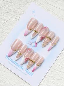 10PCS-Handmade Press On Nails, Long Pointed Shape, Fake Nails, Y2K Style, Sturdy, Reusable, White, Paired With French Style, 3D Design, Suitable For Daily Wear, Parties, Vacations, And Also The Best Holiday Gift For Girls And Women. - White - View 2