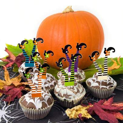 6/12pcs Halloween Witch Legs Cake Toppers, Mixed Witch Boots Cupcake Toppers, Halloween Party Birthday Baby Shower Dessert Decoration Supplies