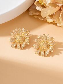 1對仙女風小眾設計優雅夏季度假風金色紋理向日葵女款耳釘 - 金黃色 - 查看 2