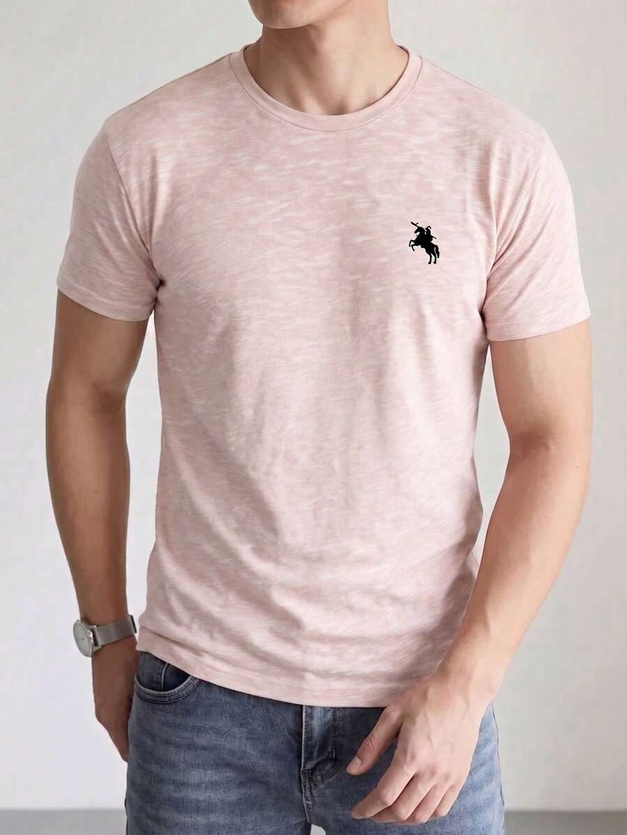 Summer Vintage Washed Short Sleeve Printed T-Shirt Basic Style With Small Horse Logo