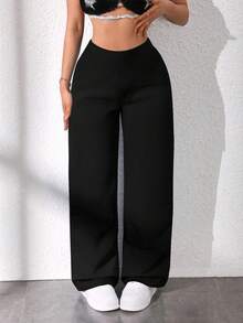 Plus Size Women Straight Leg Pants, High Stretch Fabric Comfortable Daily Wear, Fashionable Black - Black - View 5