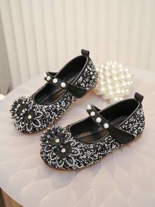 Girls' Pearl Rhinestone Princess Ballet Shoes, Bowknot Breathable Casual Shoes, Versatile Daily Wear For Spring, Summer, Autumn - Black - View 5