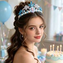 1pc Disney Frozen Elsa Crown Hairband, Blue Rhinestone & Pearl Headband, Spring/Summer Performance Costume Photography Prop - Multiple Styles - View 4