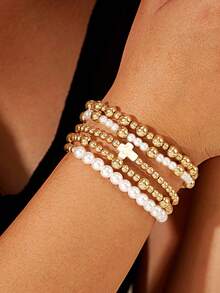 5pcs French Vintage Niche Design INS Style Cross & Faux Pearl Multi-Layer Stackable Bracelet Set For Women, Suitable For Daily Casual, Outings, Banquets, Music Festivals And Party Events - Gold - View 3