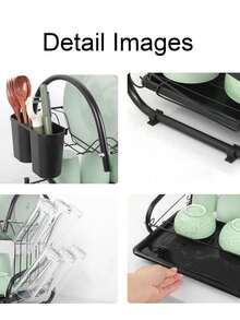 2-Tier Black Kitchen Dish Rack And Utensil Storage Rack, Rust-Proof Metal Material, With Automatic Drainage Tray, Built-In Cutlery Holder, For Drying Plates And Bowls, Space-Saving Kitchen Countertop Organizer - A - View 3