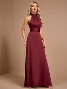 Burgundy Elegant Halter Neck Sleeveless Satin A-Line Evening Gown, Autumn/Winter Formal Dress, Suitable For Wedding Guests, Prom, Party And Holiday - Burgundy - View 9