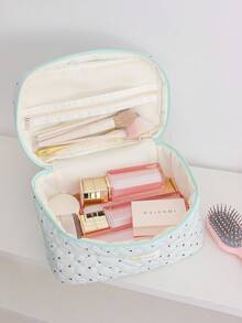 Cute Heart Quilted Makeup Bag Light Blue Polka Dot Cotton Cosmetic Organizer Case Portable Large Capacity Travel Toiletry Bag With Inner Mesh Pocket - Baby Blue - View 10