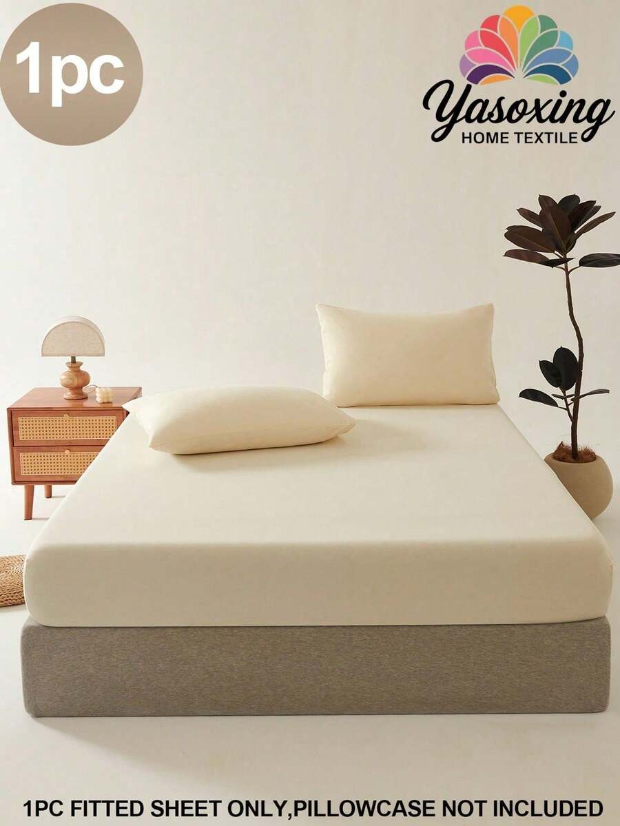 1pc Solid Beige Fitted Sheet, Mattress Protector, Fitted Sheet, Soft & Breathable, Fits Twin, Full, Queen, King Size Beds - Deep Pocket Design Up To 11.8 Inches, Dorm Bedding, Back To School - Beige - View 1