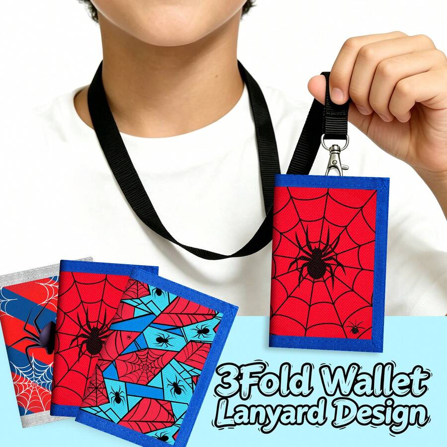 1pc Tri-Fold Neck Wallet, Cool Spider Web Pattern, Anti-Loss Lanyard, Multi-Card Slots & ID Window, Daily Casual Outdoor Beach Bag