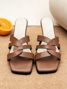 A Pair Of Women Heeled Sandals Cross Strap Square Toe Block Heel PU Minimalist White Casual Work Style - Brown - View 3