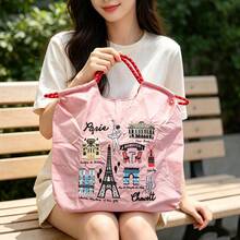1 buah Tas Belanja Motif Menara Eiffel Bordir Terbaru, Tas Tote Bahu Lipat Kapasitas Besar untuk Pesta dan Perjalanan, Bahan Nilon - MultiWarna - View 19