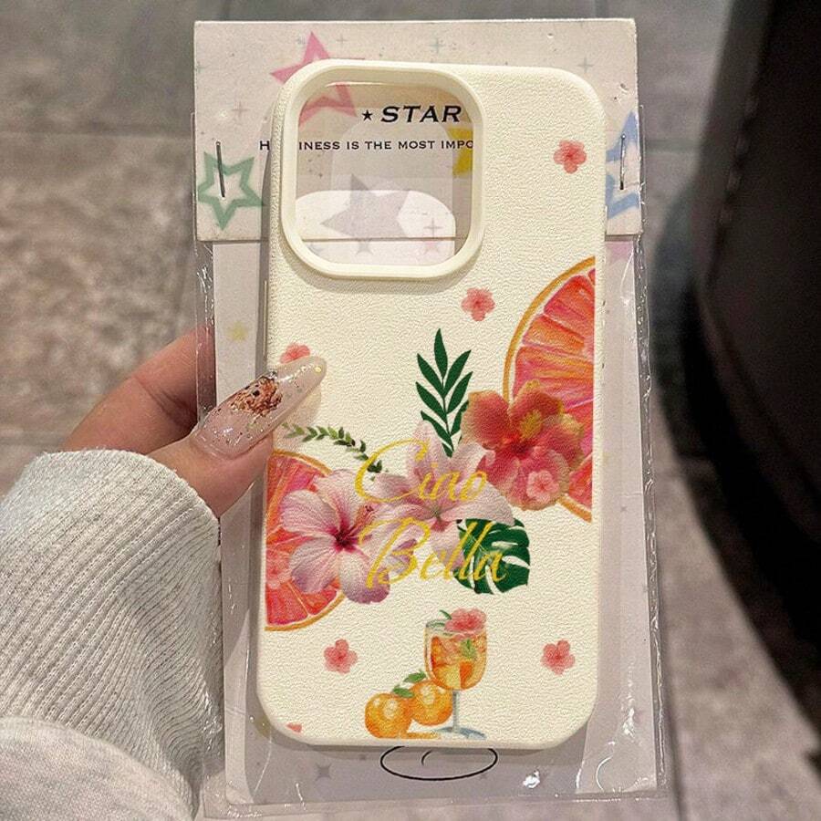 1 buah Casing Ponsel Bahan TPU Motif Jeruk Bali dan Hibiscus, Kompatibel dengan iPhone 17 Pro Max/17/16 Pro Max/15/13/12/11/ S20 FE/A15/S24/A55/ Note 11/Note 12/Note 13 Pro, Pelindung Ponsel Soft Shell Anti-Jatuh dengan Perlindungan Penuh - Putih - View 1