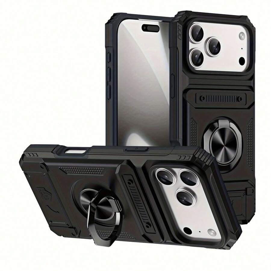 [24h Shipping From DE/FR/ES] Phone Case: Shockproof With Card Slot, Compatible With IPhone 17/17 Air/17 Pro/17 Pro Max, 16 Pro Max/15 Pro/14 Plus/13 PM/12/11 Mini And Other Models. Also Suitable For IPhone 17 Series Models With Card Slot Function. Includes Ring Stand - 黑色 - 查看 1