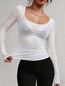 FLEXCHIC Plus Size Stretch Sheer Long Sleeve Scoop Neck Fitted T-Shirt, Valentine's Day White - Putih - View 3
