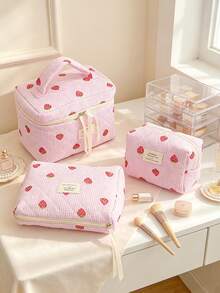 Strawberry Pattern Cosmetic Bag Large Capacity Make Up Bag Fashionable Strawberry Striped Makeup Bag Cute Quilted Floral Cosmetic Pouch Toiletry Bag - Multicolor - View 3