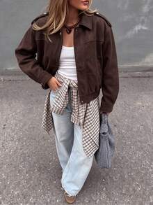 Women's Brown Lapel Long Sleeve Zip-Up Knit Jacket, Regular Length Non-Stretch Outerwear, Suitable For Autumn/Winter - Chocolate Brown - View 4