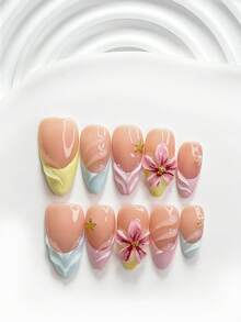 10片裝浪漫甜美風手工穿戴甲，Polygel美甲套組，海星與花瓣設計，粉藍黃指甲油，清新風格，附美甲工具，3種尺寸可選，方型/短方型/杏仁形，適合派對、跳舞、日常配戴 - 彩色 - 查看 13