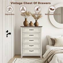 Cómoda alta vintage de 5 cajones para recibidor – Mueble organizador de madera – Ideal para dormitorio, sala, habitación infantil y pasillo – Diseño vintage clásico - Blanco - Ver 1