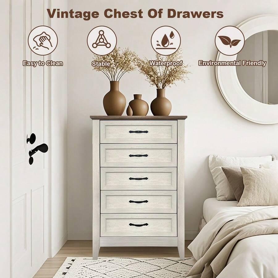 Cómoda alta vintage de 5 cajones para recibidor – Mueble organizador de madera – Ideal para dormitorio, sala, habitación infantil y pasillo – Diseño vintage clásico - Blanco - Ver 1