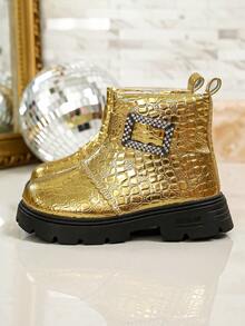Kids Autumn/Winter Shiny Crocodile Embossed Rhinestone Square Buckle Boots With Side Zipper Thick Sole Runway Boots - Gold - View 5