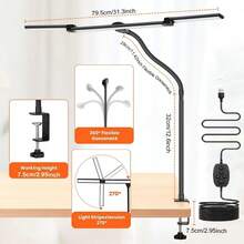 3-Head Gooseneck Office Desk Lamp, Eye-Protection Clip-On Desk Lamp With Clamp, Architect Work Lamp With Stepless Dimming, Computer Monitor Desk Lamp, 3-Head Adjustable Reading Study Work Desk Lamp, Black - Black - 查看 6