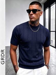 Suéter casual de punto acanalado de cuello redondo de manga corta de unicolor para hombres GRDR - Azul Marino - Ver 4