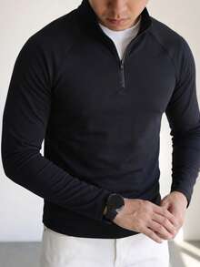 Men's Black Half-Zip T-Shirt, Raglan Sleeve, Autumn/Winter Layering, Commute Casual, 1/4 Zip Stand Collar, Solid Color Base Layer - Black - View 4