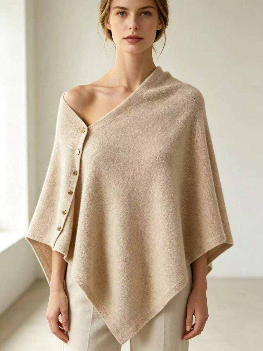 1 buah Syal Ponco Rajut Warna Polos untuk Wanita, Dekorasi Kancing Samping dan Paku Keling, Pelindung Matahari, Kasual dan Elegan, Cocok untuk Kantor, Perjalanan, Musim Semi, Musim Gugur & Musim Dingin - MultiWarna - View 1