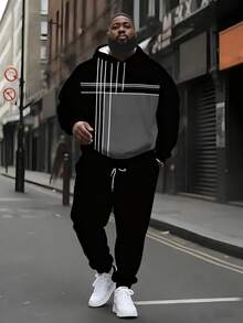 Plus Size Minimalist Premium Streetwear, Black & Grey Patchwork With White Cross-Line Hooded Sweatshirt & Solid Color Sweatpants Set - Multicolor - View 1