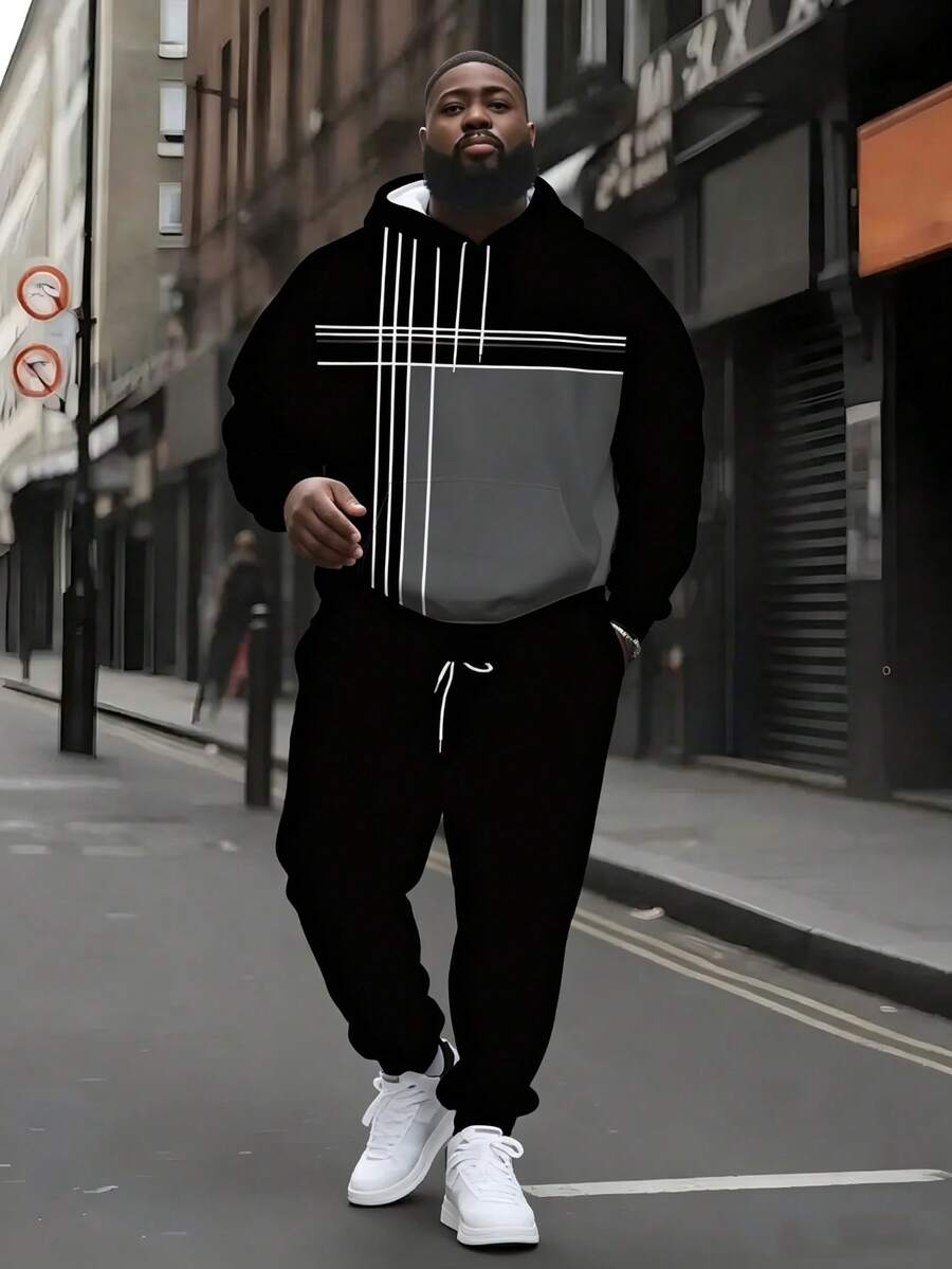 Plus Size Minimalist Premium Streetwear, Black & Grey Patchwork With White Cross-Line Hooded Sweatshirt & Solid Color Sweatpants Set - Multicolor - View 1