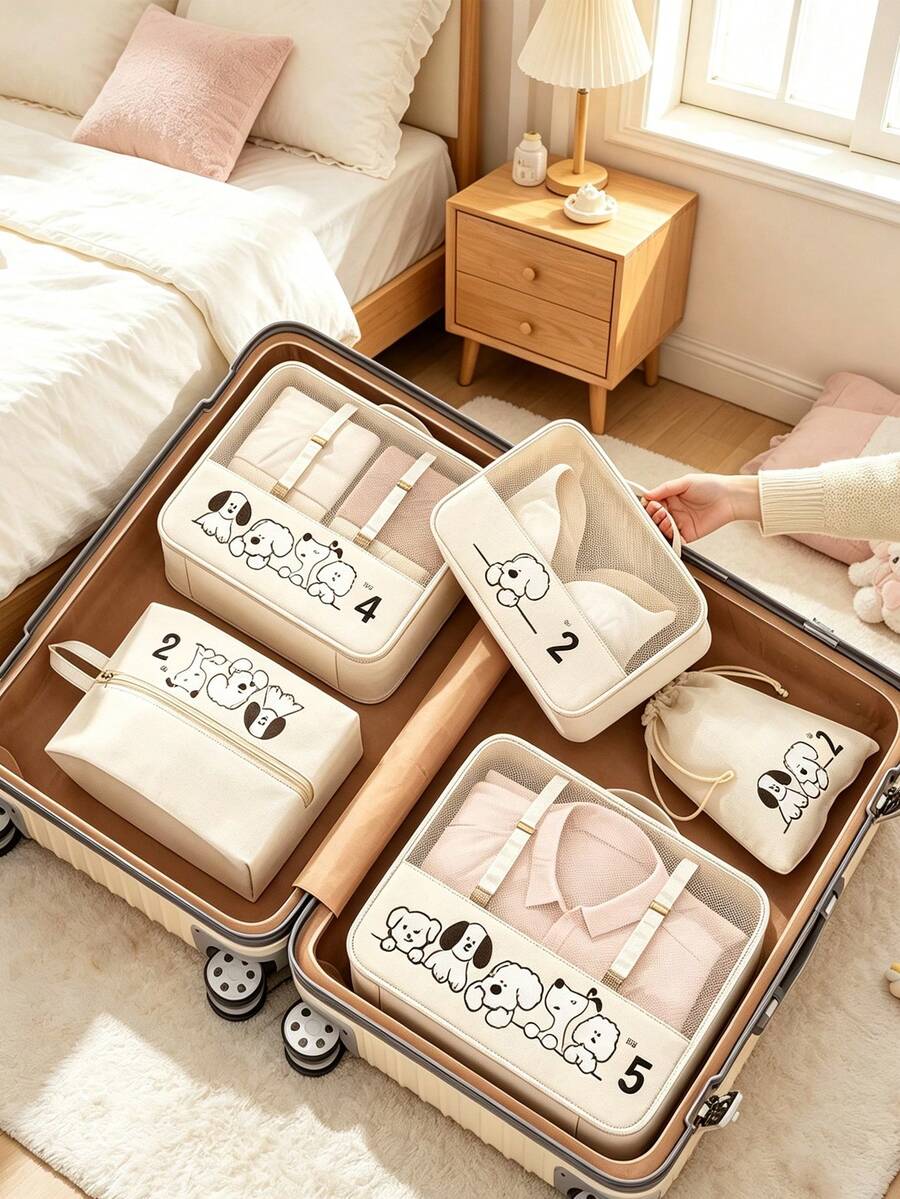 Cute Cartoon Print Travel Storage Bag Lightweight Mesh Clothes Packing Cubes Portable Zipper Shoe Bag Drawstring Underwear Cosmetic & Makeup Pouch - View 1
