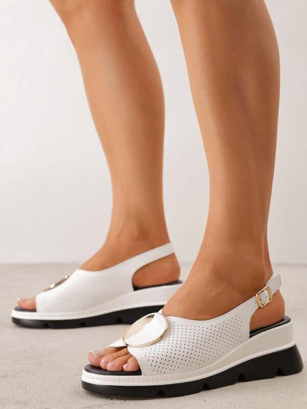 VICES Wedge Sandals With Decorative Perforation And Round Appliqué